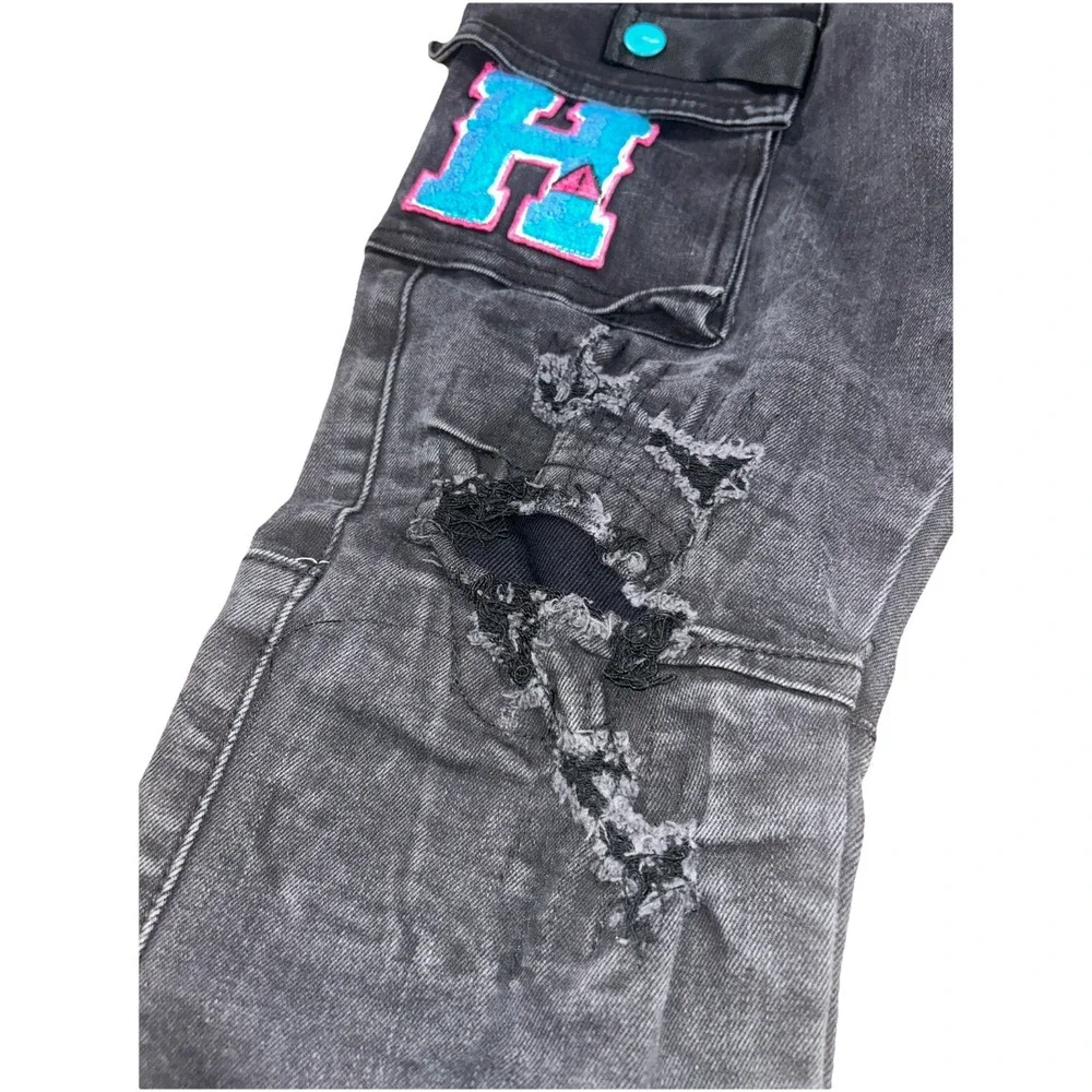 Smoke Rise Mens Distressed Graffiti Cargo Pants 36x34‎ Black Grunge Urban Street